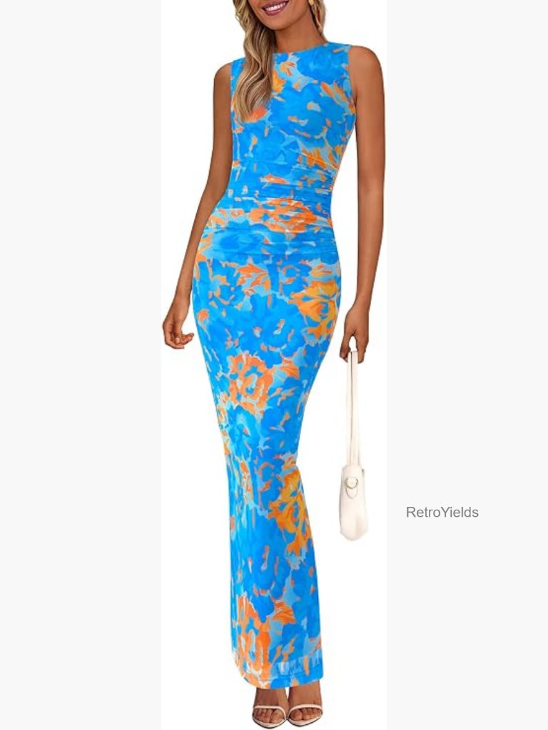 Sleeveless Bodycon Ruched Maxi Dress Summer Wedding Guest